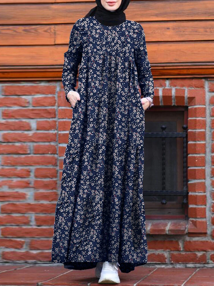 ZANZEA Plus Size Women Long Dress Floral Print Tiered Dress O-Neck Casual Maxi Dress With Side Pocket (image for) ZANZEA Plus Size Women Long Dress Floral Print Tiered Dress O-Neck Casual Maxi Dress With Side Pocket
